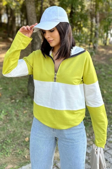 Kadın Yağ Yeşili Uzun Kol, Dik Yaka, Fermuarlı, Double Color Block Basic Sweatshirt Bluz