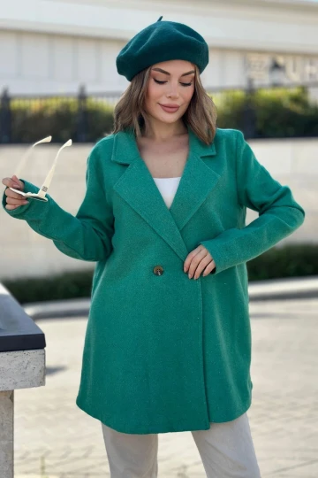 Kadın Yeşil Astarlı, Kruvaze Ceket Yaka, Tek Düğme, Rahat Kalıp, Fitilli Kaşe Kumaş Kaban