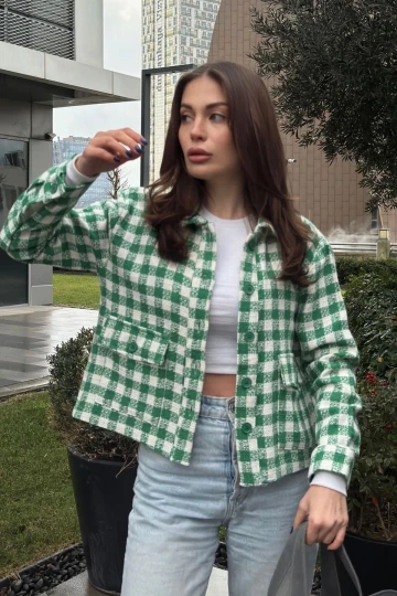 Kadın Yeşil Çift Cepli, Pötikare Desenli, Rahat Kalıp, Kısa Tüvit Ceket