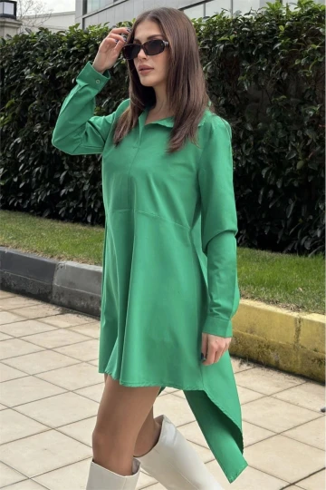 Kadın Yeşil Gömlek Yaka, Uzun Kol, Asimetrik Kesim, Salaş, Midi Tunik Elbise
