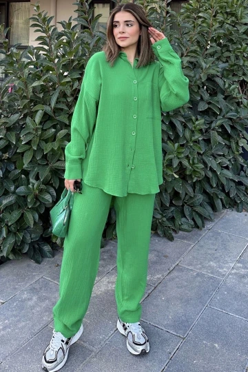 Kadın Yeşil Salaş Uzun Gömlek & Beli Lastikli Pantolon - Alt & Üst Müslin Kumaş Takım