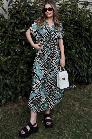 Kadın Yeşil & Siyah Kısa Kol, V Yaka, Beli Kuşaklı Salaş Uzun Elbise