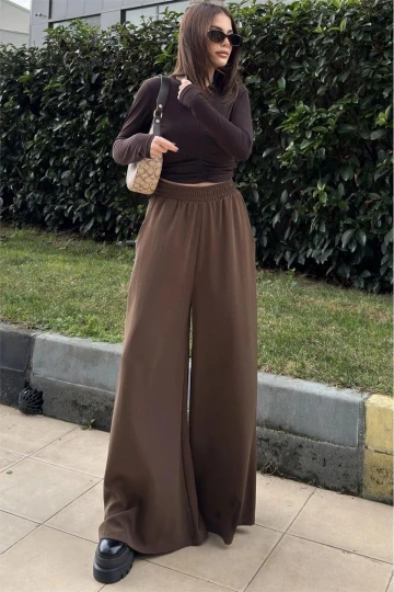 Kahve Beli Lastikli, Cepli, İspanyol / Bol Paça Özel Kumaş, Rahat Kalıp Pantolon - Tesettüre Uygun