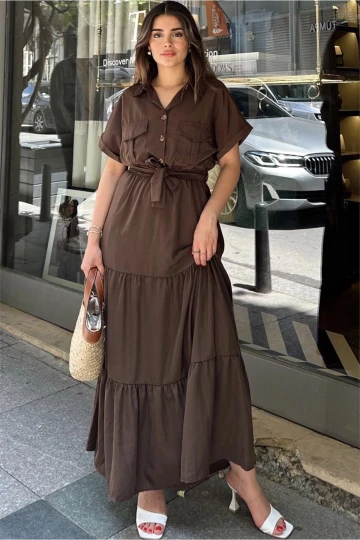 Kahve Kısa Kol, Airobin Kumaş, Yarım Patlı, Kemerli/Kuşaklı, Eteği Pliseli, Cepli Maxi Uzun Elbise