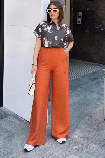 Kiremit İspanyol Bol Paça, Lastikli Bel, Keten/Airobin Kumaş, Salaş , Cepli, İç Göstermez Pantolon