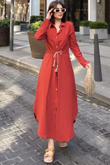 Kiremit Katlamalı Uzun Kol, Keten/Airobin Kumaş, Beli Büzgülü, Hasır Kemerli Uzun Gömlek Elbise