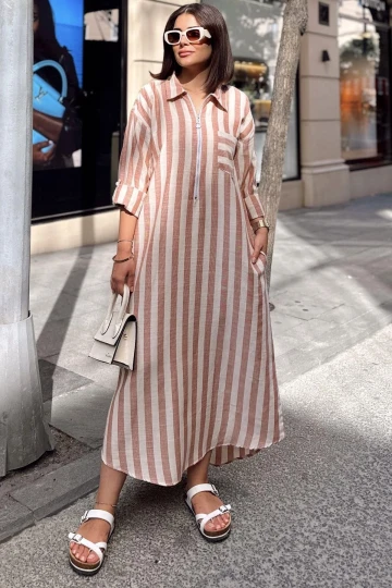 Kiremit Uzun Kol, Oversize , Cepli Ve Fermuarlı Çizgili Uzun Salaş Elbise & Tunik - Tesettüre Uygun