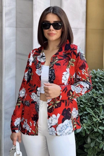 Kırmızı Klasik Yaka, Uzun Kol, Digital Baskılı Kumaş, Regular Kalıp/Kesim, Gömlek