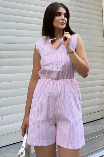 Lila Kolsuz, Düğmeli Hakim Yaka, Beli Lastikli, Cepli, Şort Modelli Kısa Çizgili Tulum