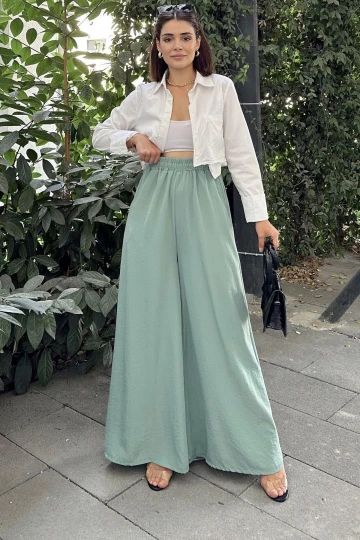 Mint Beli Lastikli, Cepli, İspanyol / Bol Paça Özel Kumaş, Rahat Kalıp Pantolon - Tesettüre Uygun