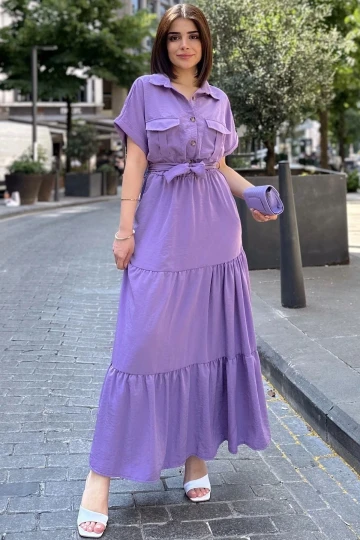 Mor Kısa Kol, Airobin Kumaş, Yarım Patlı, Kemerli/Kuşaklı, Eteği Pliseli, Cepli Maxi Uzun Elbise