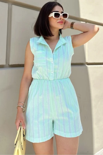 Neon Yeşil Kolsuz, Düğmeli Hakim Yaka, Beli Lastikli, Cepli, Şort Modelli Kısa Çizgili Tulum