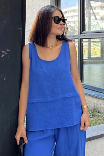 Saks İthal Müslin Kumaş, Basic, Katlı, Salaş Askılı Bluz & Atlet