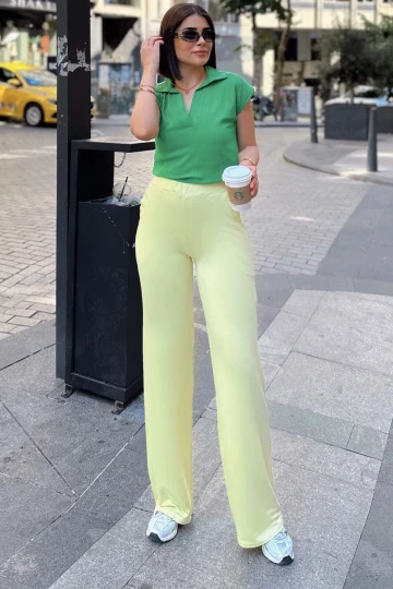 Sarı İspanyol Bol Paça, Lastikli Bel, Yumuşak Dokulu Kumaş, Salaş & Rahat Kalıp/Kesim, Pantolon