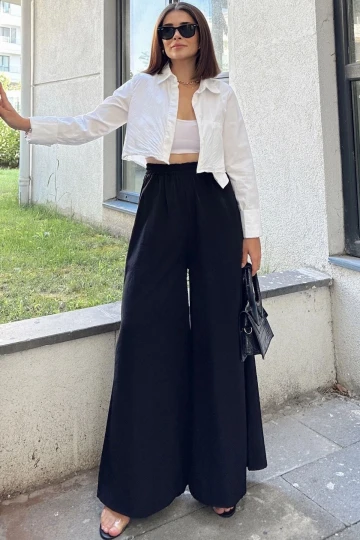 Siyah Beli Lastikli, Cepli, İspanyol / Bol Paça Özel Kumaş, Rahat Kalıp Pantolon - Tesettüre Uygun