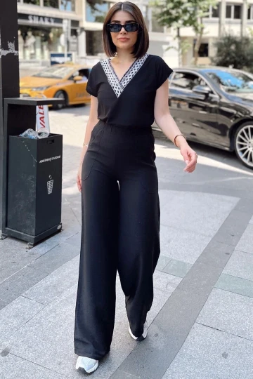 Siyah İspanyol Bol Paça, Lastikli Bel, Keten/Airobin Kumaş, Salaş , Cepli, İç Göstermez Pantolon