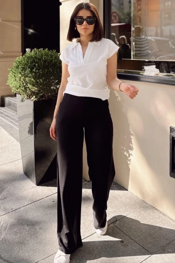 Siyah İspanyol Bol Paça, Lastikli Bel, Yumuşak Dokulu Kumaş, Salaş & Rahat Kalıp/Kesim, Pantolon