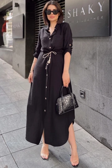 Siyah Katlamalı Uzun Kol, Keten/Airobin Kumaş, Beli Büzgülü, Hasır Kemerli Uzun Gömlek Elbise