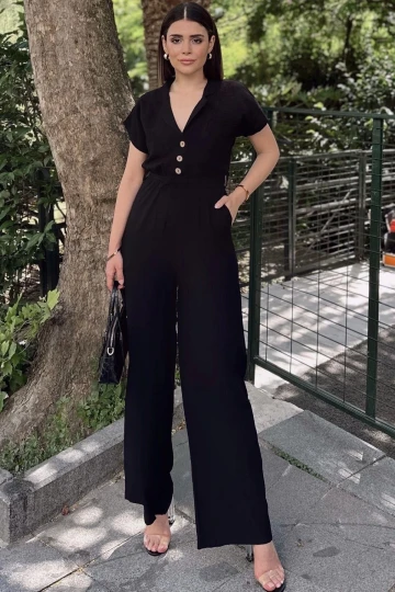 Siyah Kısa Kol, Keten/Airobin Kumaş, Rahat Kesim, Cepli, Yarım Patlı, Kemerli/Kuşaklı Tulum