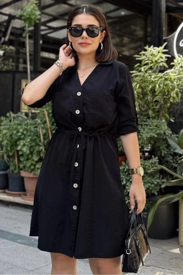 Siyah Uzun Kol, Derin Gömlek Yaka Beli Bağlamalı Cepli Önü Düğmeli, A Kesim Salaş Elbise