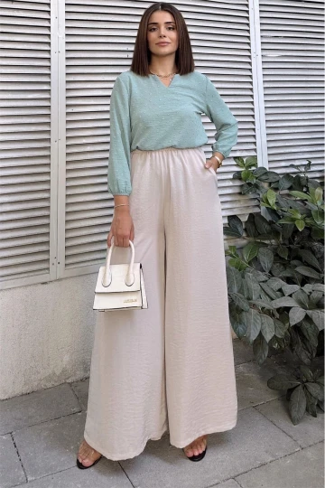 Taş Beli Lastikli, Cepli, İspanyol / Bol Paça Özel Kumaş, Rahat Kalıp Pantolon - Tesettüre Uygun