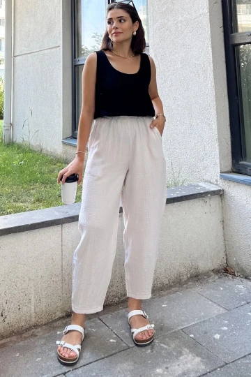 Taş İthal Müslin Kumaş, Beli Lastikli,Cepli Rahat Kalıp Pantolon - Tesettüre Uygun