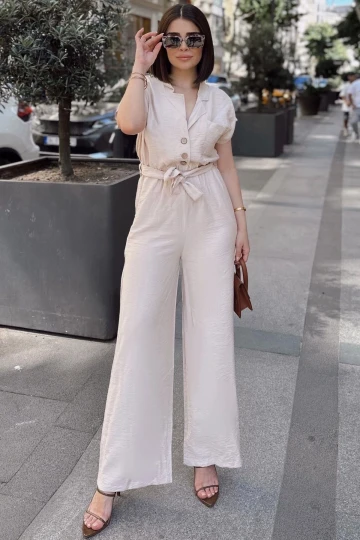 Taş Kısa Kol, Keten/Airobin Kumaş, Rahat Kesim, Cepli, Yarım Patlı, Kemerli/Kuşaklı Tulum