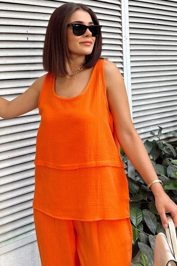 Turuncu İthal Müslin Kumaş, Basic, Katlı, Salaş Askılı Bluz & Atlet