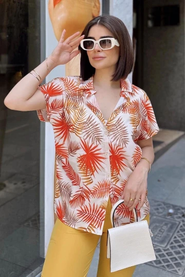 Turuncu Klasik Yaka, Kısa Kol, Digital Baskılı Kumaş, Regular Kalıp/Kesim, Gömlek