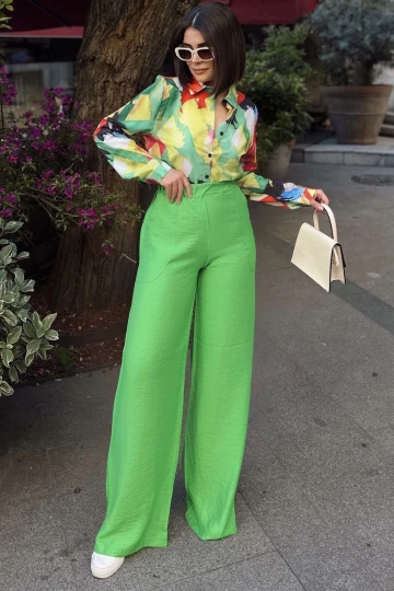 Yeşil İspanyol Bol Paça, Lastikli Bel, Keten/Airobin Kumaş, Salaş , Cepli, İç Göstermez Pantolon