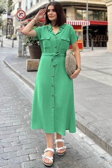 Yeşil Kısa Kol, Gömlek Yaka, Düz Desen, Çift Cepli, Aerobin Kumaş, Kuşaklı Maxi Elbise