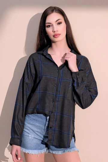 Kadın Antrasit & Mavi Uzun Kol Ekose Desenli Yumuşak Dokulu Oversize Kesim Gömlek