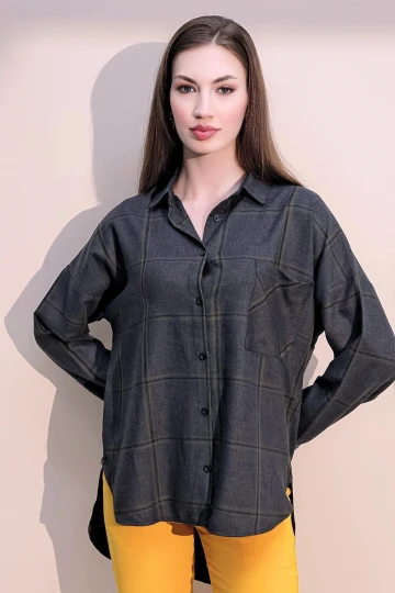 Kadın Antrasit & Yeşil Uzun Kol Ekose Desenli Yumuşak Dokulu Oversize Kesim Gömlek