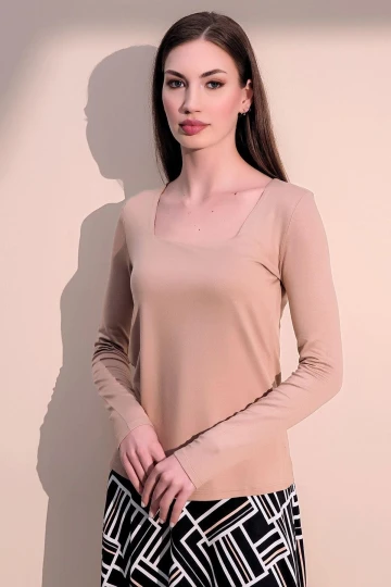 Kadın Bej Günlük Stil Basic Kare Yaka Uzun Kol Bluz