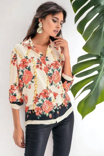 Kadın Bej Modern Tarz, Desenli Uzun Kol Gömlek