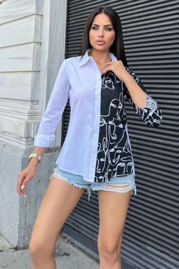 Kadın Beyaz Desenli İki Renkli Uzun Kol Regular Kesim Standart Boy Gömlek