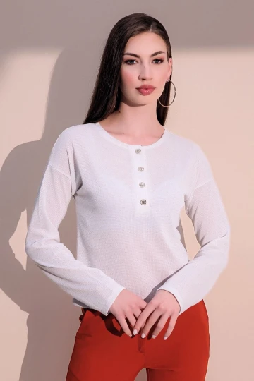 Kadın Beyaz Stil Yarım Patlı İnce Örme Yumuşak Dokulu Bluz