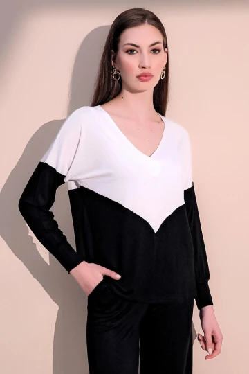 Kadın Beyaz V Yaka Color Block Basic Salaş - Rahat Penye Bluz