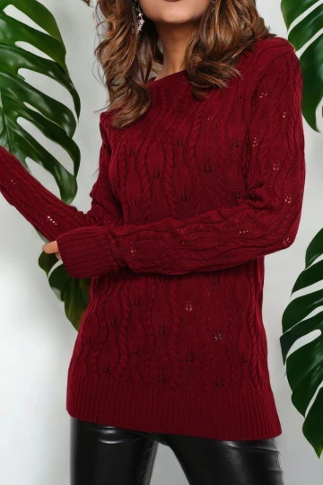 Kadın Bordo Yeni Tarz Örgü Desenli Yumuşak Dokulu Uzun Kol Triko Kazak