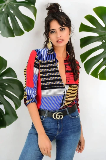 Kadın Çok Renkli Klasik Yaka, Grafik Desenli, Uzun Kol, Regular Kesim, Standart Boy Gömlek