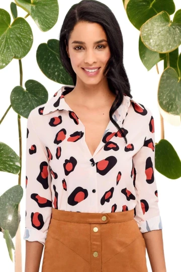 Kadın Ekru Leopar Desenli, Klasik Yaka, Uzun Kol, Regular Kesim, Standart Boy Gömlek