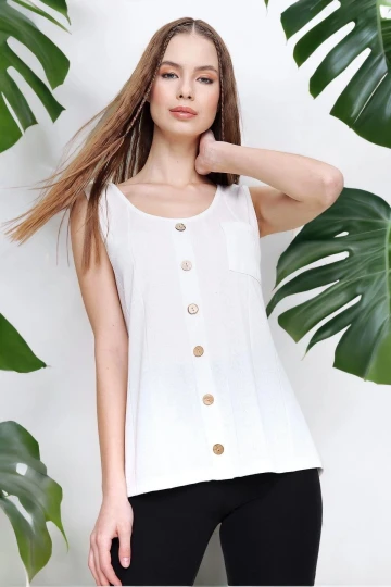 Kadın Ekru Sıfır Kol detaylı Regular Kesim Standart Boy Askılı Düğmeli İnce Örme Triko Bluz