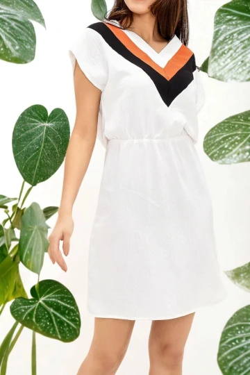 Kadın Ekru V Yaka Bloklu Kısa Kollu Dizüstü Aerobin Elbise Kısa Kol Beli Lastik Detaylı Elbise