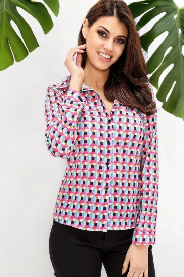 Kadın Fuşya Geometrik Desenli Uzun Kol Gömlek - Regular Kesim, Standart Boy