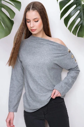 Kadın Gri Kayık Yaka Uzun Kol omuz dekolteli, düğmeli detaylı Regular Kesim Standart Boy Bluz