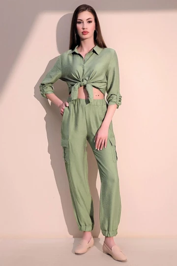 Kadın Haki Keten Kaliteli Kumaş, Yan Cepli, Paçası Lastikli Safari Pantolon