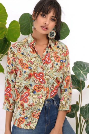 Kadın Haki Klasik Yaka Uzun Kol Çok Renkli Çiçek Desenli Regular Kesim Standart Boy Gömlek