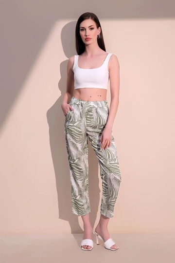 Kadın Haki Rahat Saten Beli Lastikli Safari Desenli Pantolon