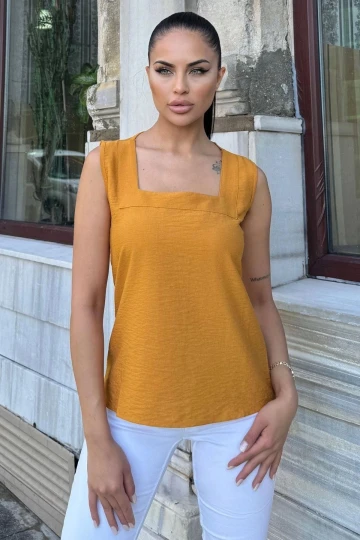 Kadın Hardal Kalın Askılı, Kare Yaka, Salaş Keten Bluz