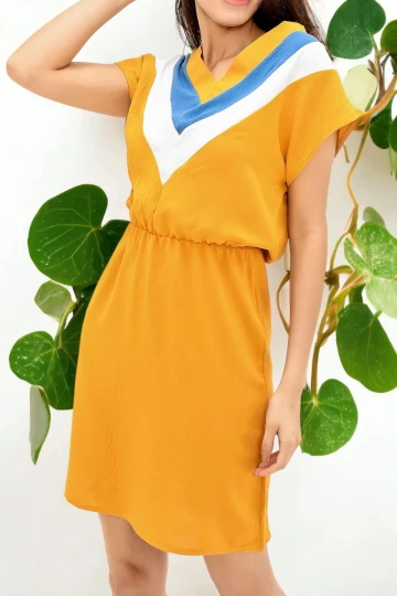 Kadın Hardal V Yaka Bloklu Kısa Kollu Dizüstü Aerobin Elbise Kısa Kol Beli Lastik Detaylı Elbise
